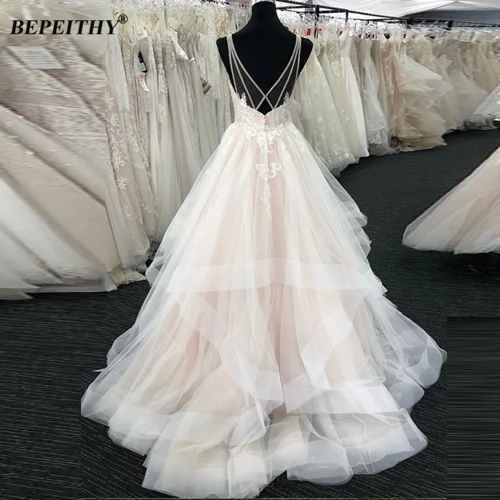 BEPEITHY 여성용 맞춤형 A 라인 웨딩 원피스, 신부 2023 섹시한 백리스 러플 아이보리 샴페인 신부 보호 비치 가운 가운