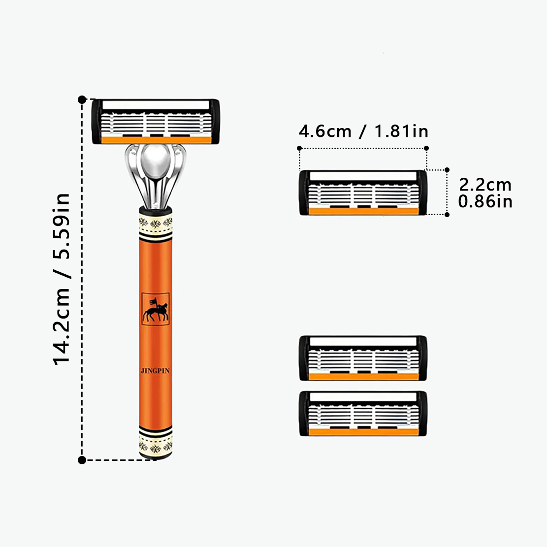 Men's 6-Blade Manual Razor, Orange Non-Slip Handle, Multiple Replacement Blades - Ideal for Trimming Beards and Mustaches