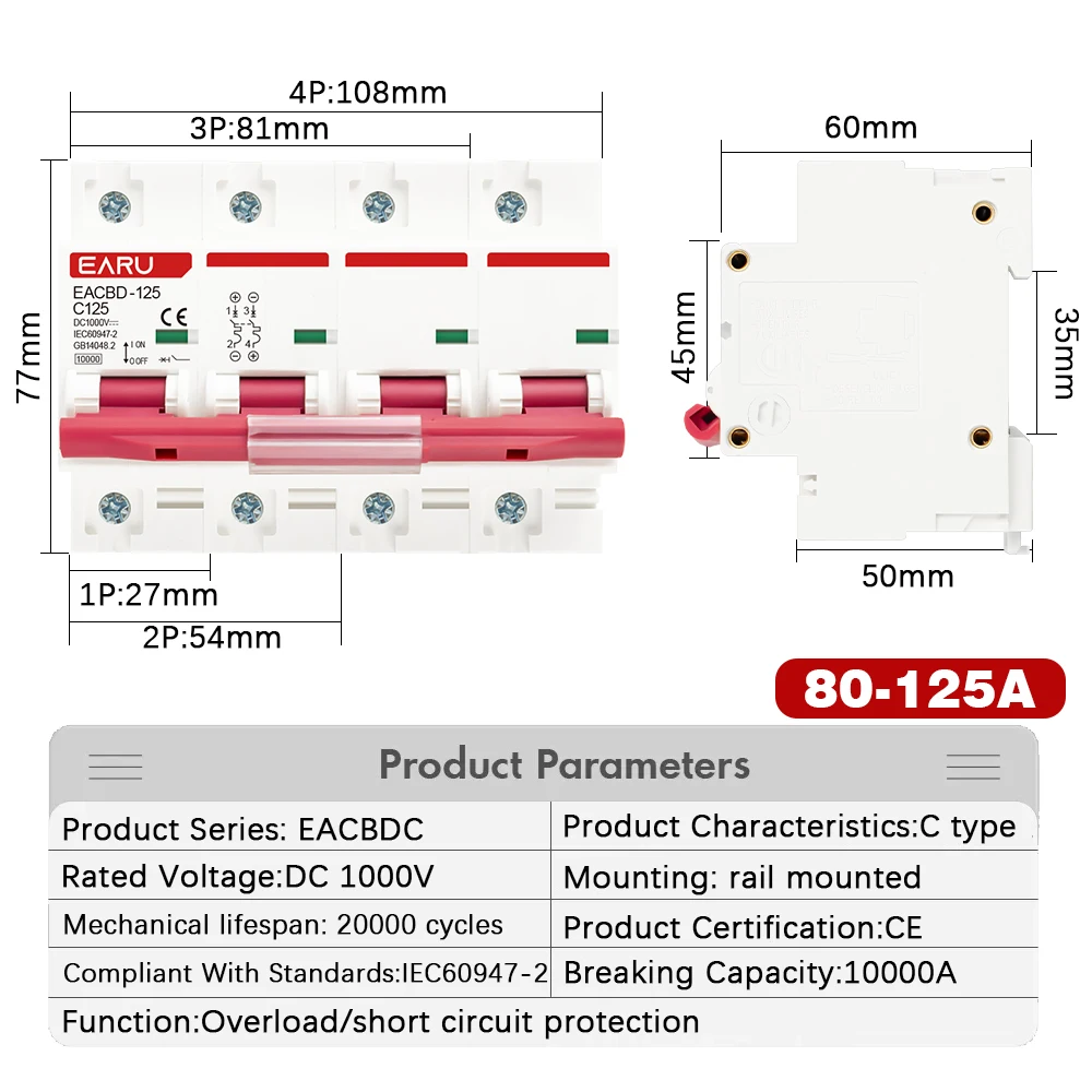 DC 1000V 1P 2P 3P 4P Solar Mini Circuit Breaker Overload Protection Switch 6A~63A/80A 100A 125A MCB for Photovoltaic PV System