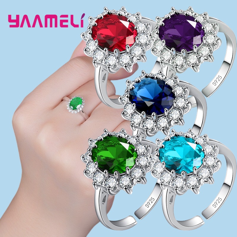100 % authentischer 925er-Sterlingsilber-Farbe für Damen, Hochzeit, Verlobung, Schmuck, klassische ovale Blume, glänzender kubischer Zirkon-Kristall