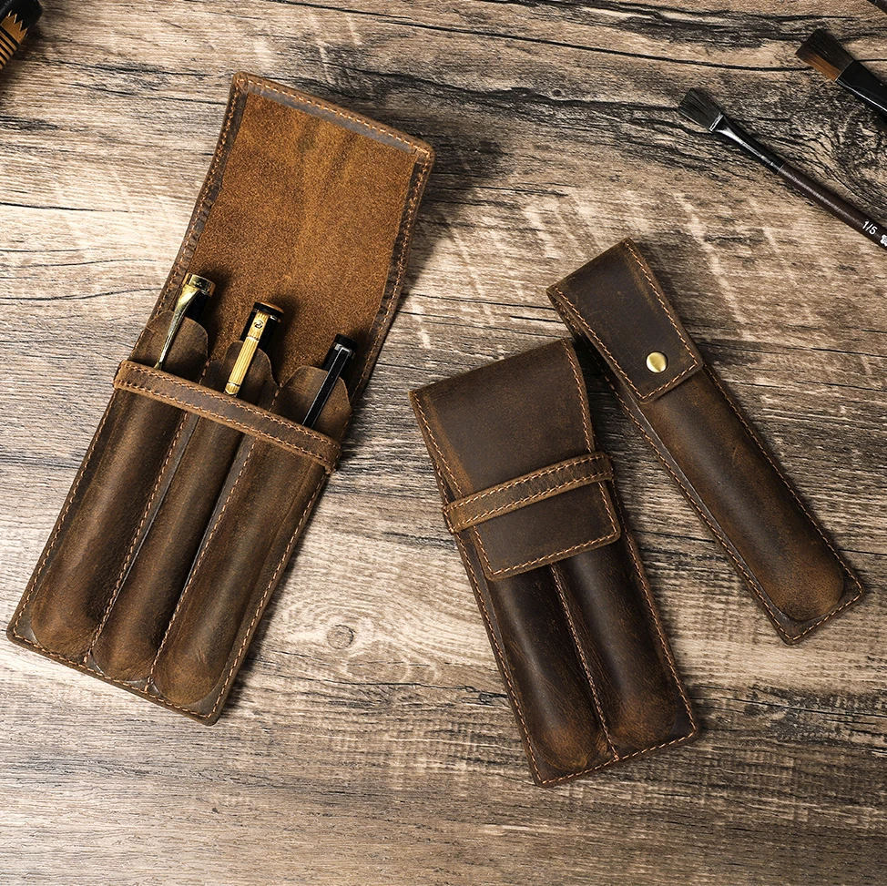 Retro Crazy Horse Song Dance Show Leather Pen Bag Handmade Genuine 1/2/3 Pen Holder Retro Student Organizer S/M/L 15.5 15.5 16cm 20 36 45g