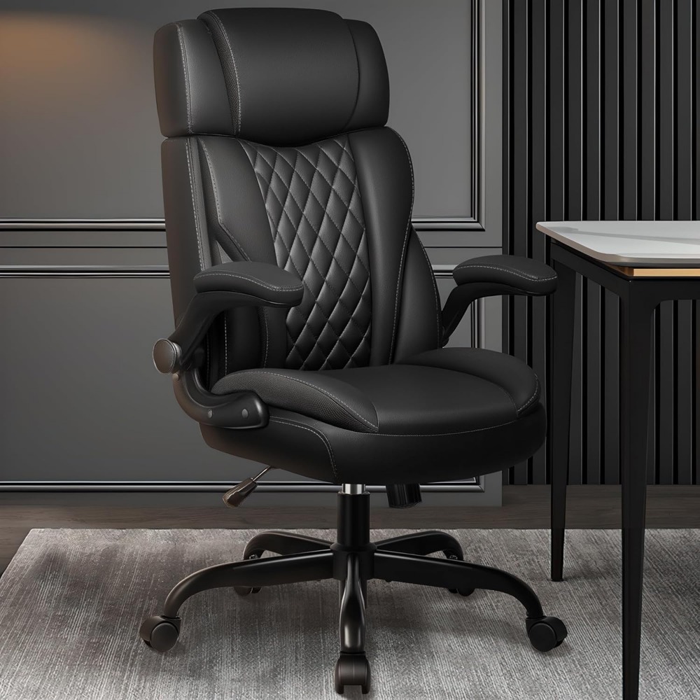 Office Chair Flip Up Arms, Executive Leather Office Chair Ergonomic Desk Chair with Lumbar Support, Adjustable Headrest, Compute