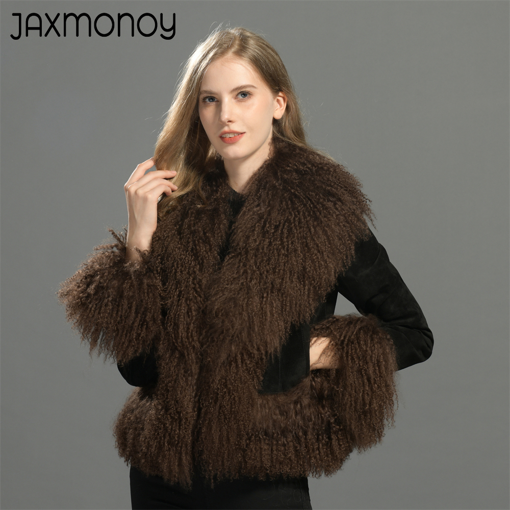 Jaxmonoy จริงหนังสําหรับผู้หญิงแกะมองโกเลียแท้ขนสัตว์ Trim Suede แจ็คเก็ตหนังฤดูหนาวแฟชั่นขนสัตว์เสื้อฤดูใบไม้ร่วง
