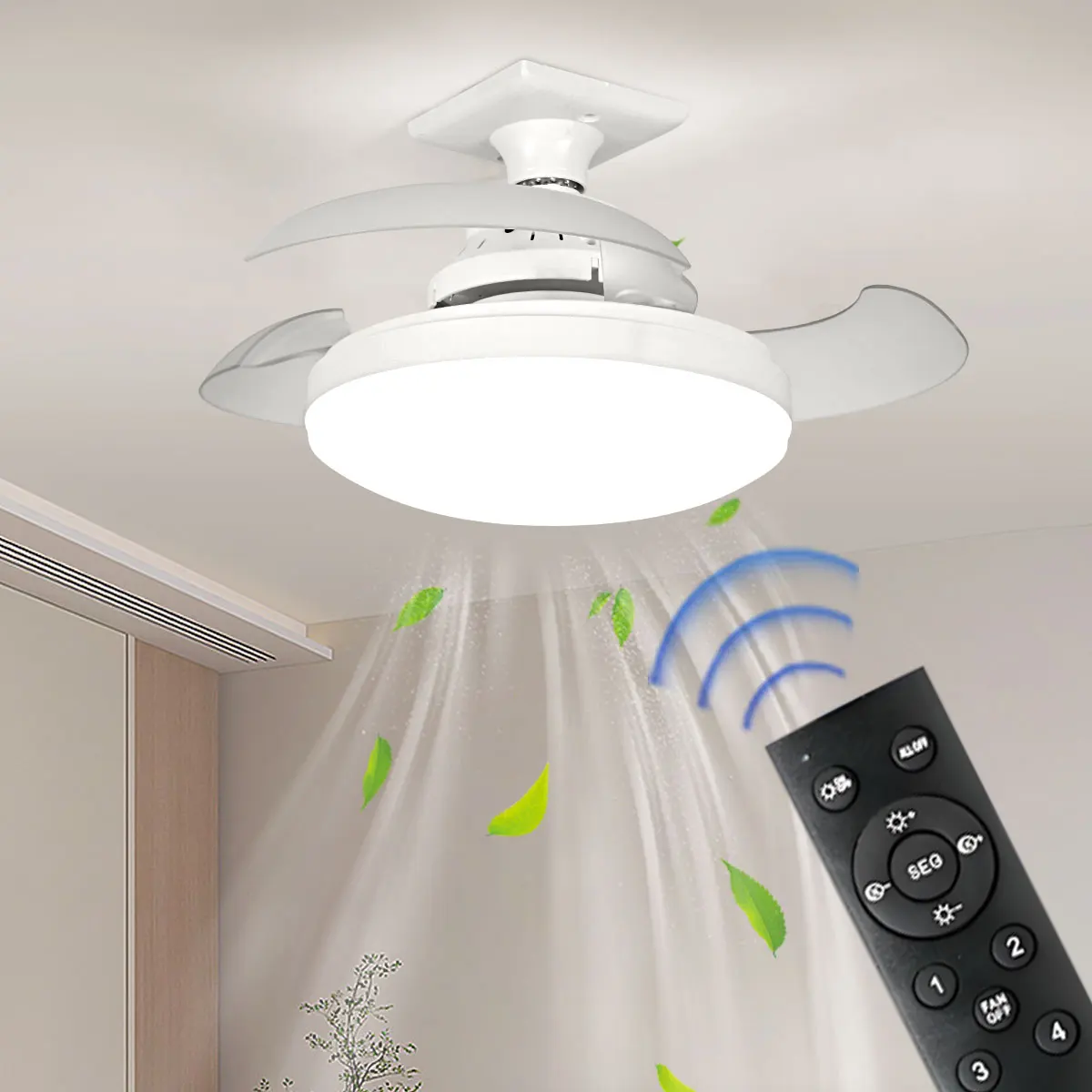 Ventilatore da soffitto LED 30W E27 con telecomando per attenuazione, adatto per soggiorno, studio, uso domestico, 110-265V