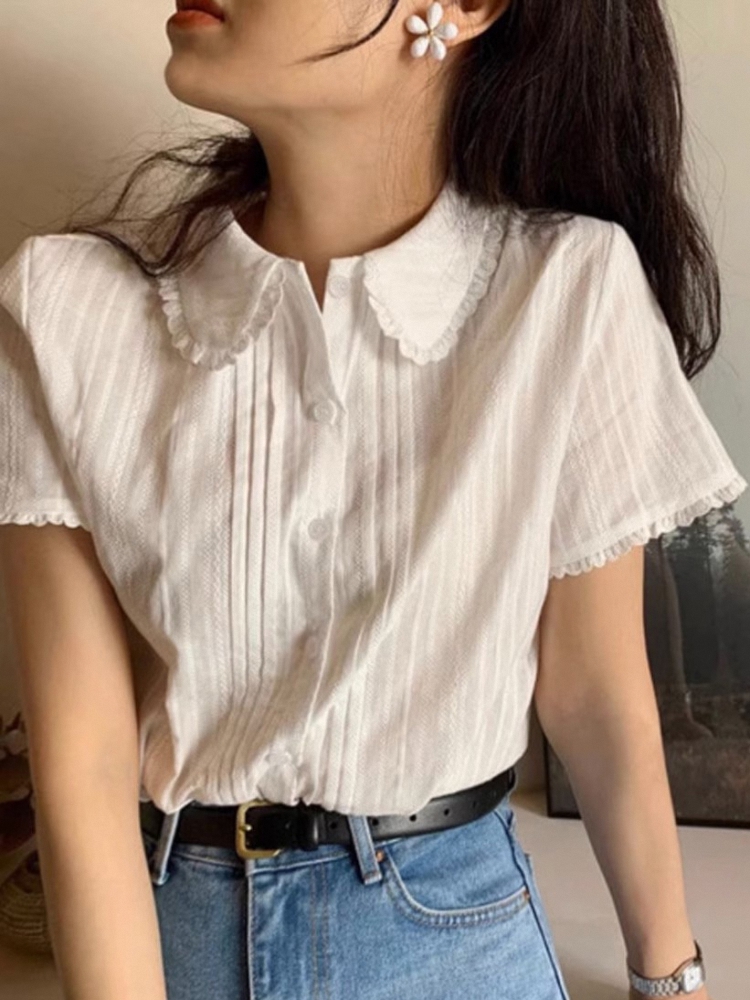 Csa de Manga Curta com Design de Renda Estilo Coreano Sensacional para Jovens Tecido Leve Moda para o Dia a Dia Corte Reto