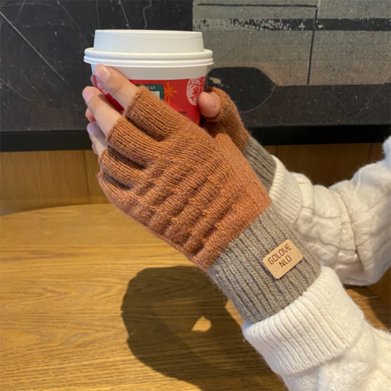 Winter Fingerless Gloves for Men Half Finger Writting Office Knitted Thick Wool Warm Label Thick Elastic Outdoor Driving Gloves