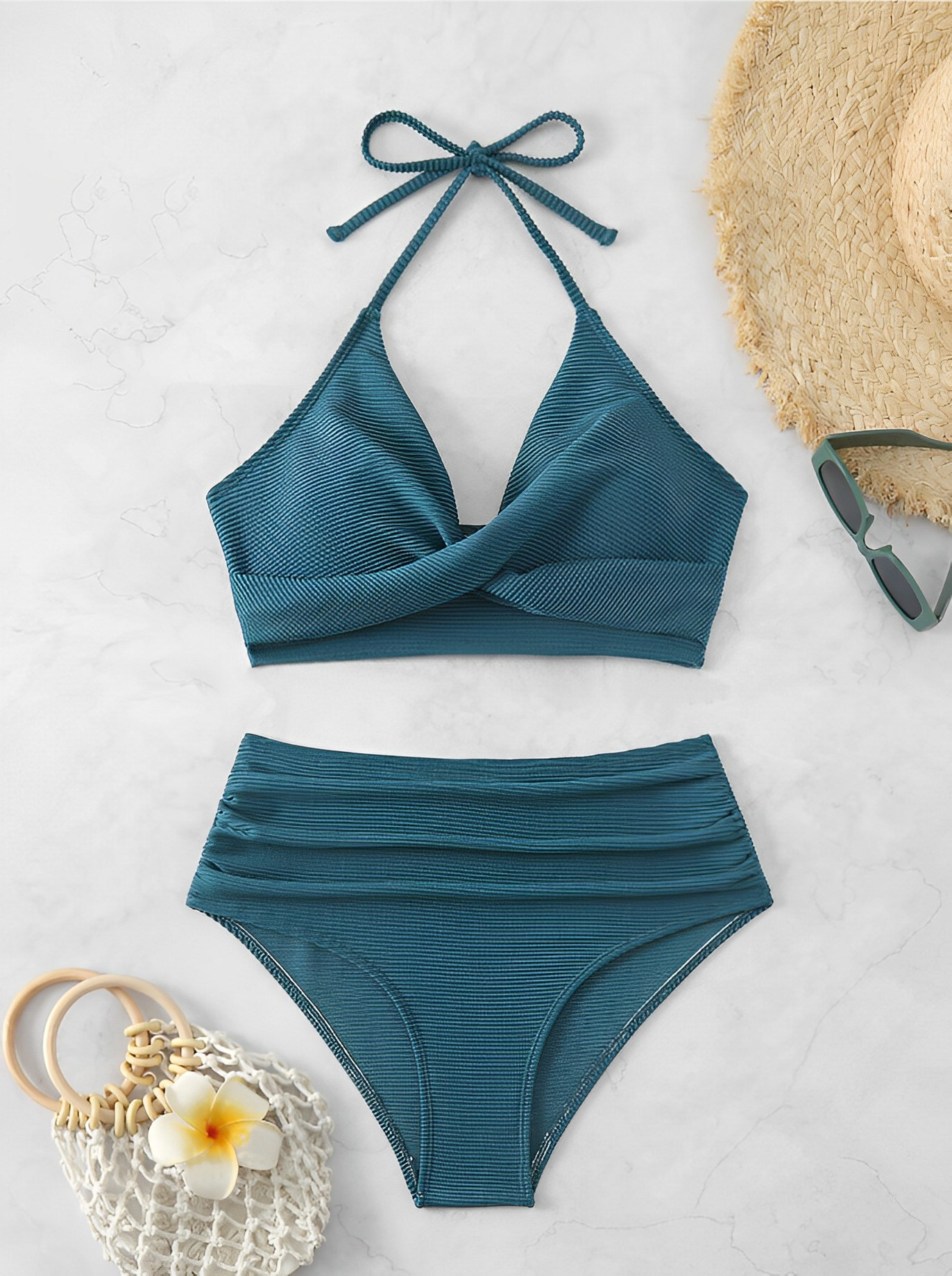 Maillot de bain sexy taille haute pour femmes, bikini solide, col licou, baigneuses, vêtements de plage d'été, 2025