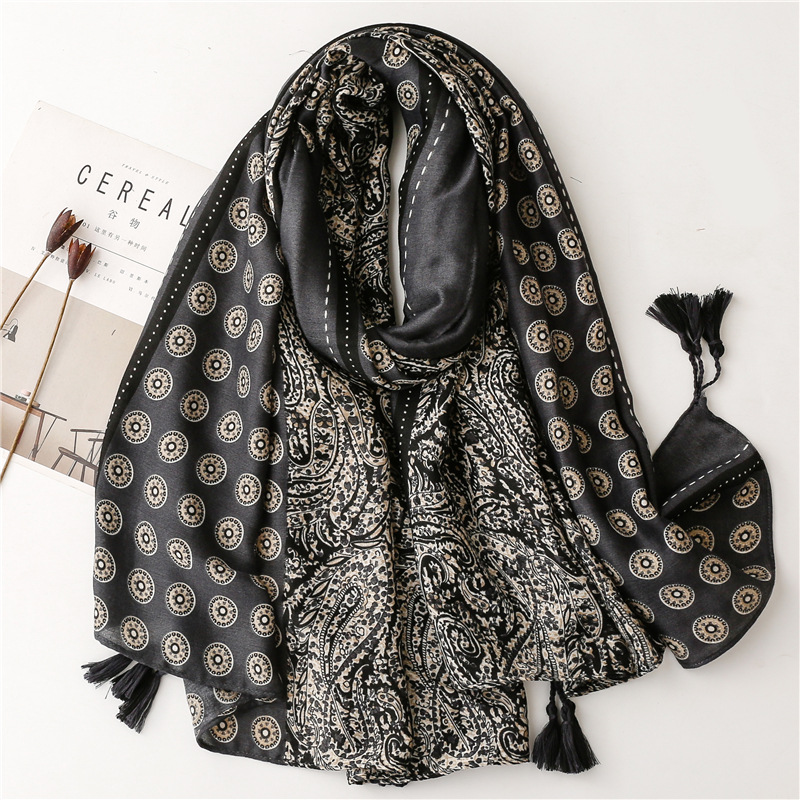 Bufanda de algodón y lino suave para mujer, chales de lujo, Foulard Premium para mujer, bufandas largas con estampado de leopardo y borlas, Echarpe