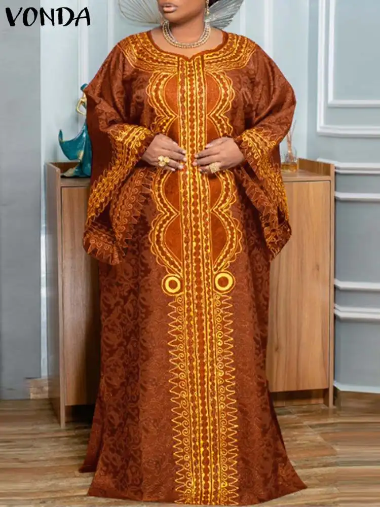 Plus Size Vonda Frauen Bohemian Long Maxi Kleid Long Flare Ärmel Herbst gedruckt Vestidos Vintage lässig lose übergroße Sommerkleid