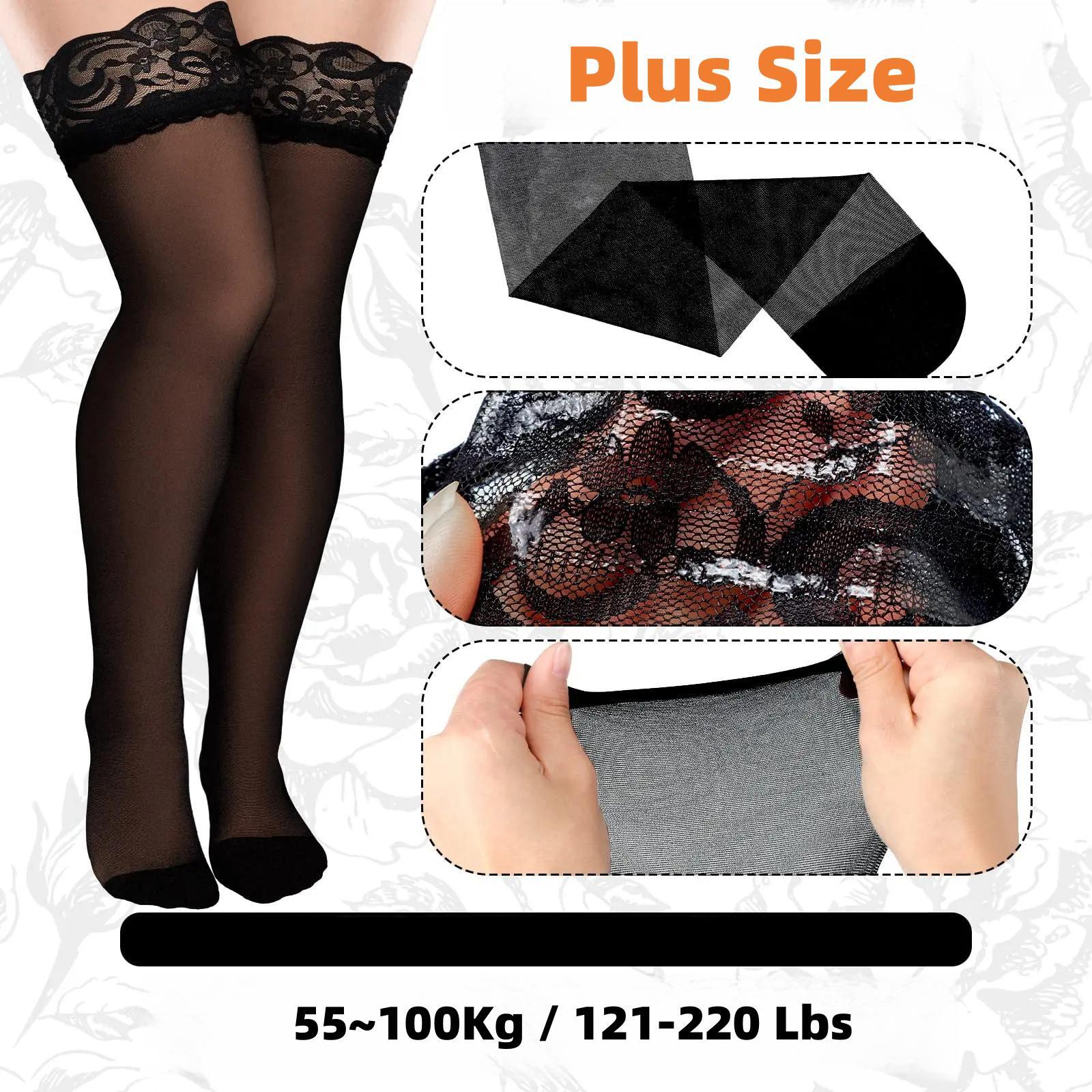 FREEAUCE Medias de talla grande para mujer con encaje antideslizante de gran tamaño XXXL medias de rejilla transparentes hasta el muslo calcetines largos por encima de la rodilla negros