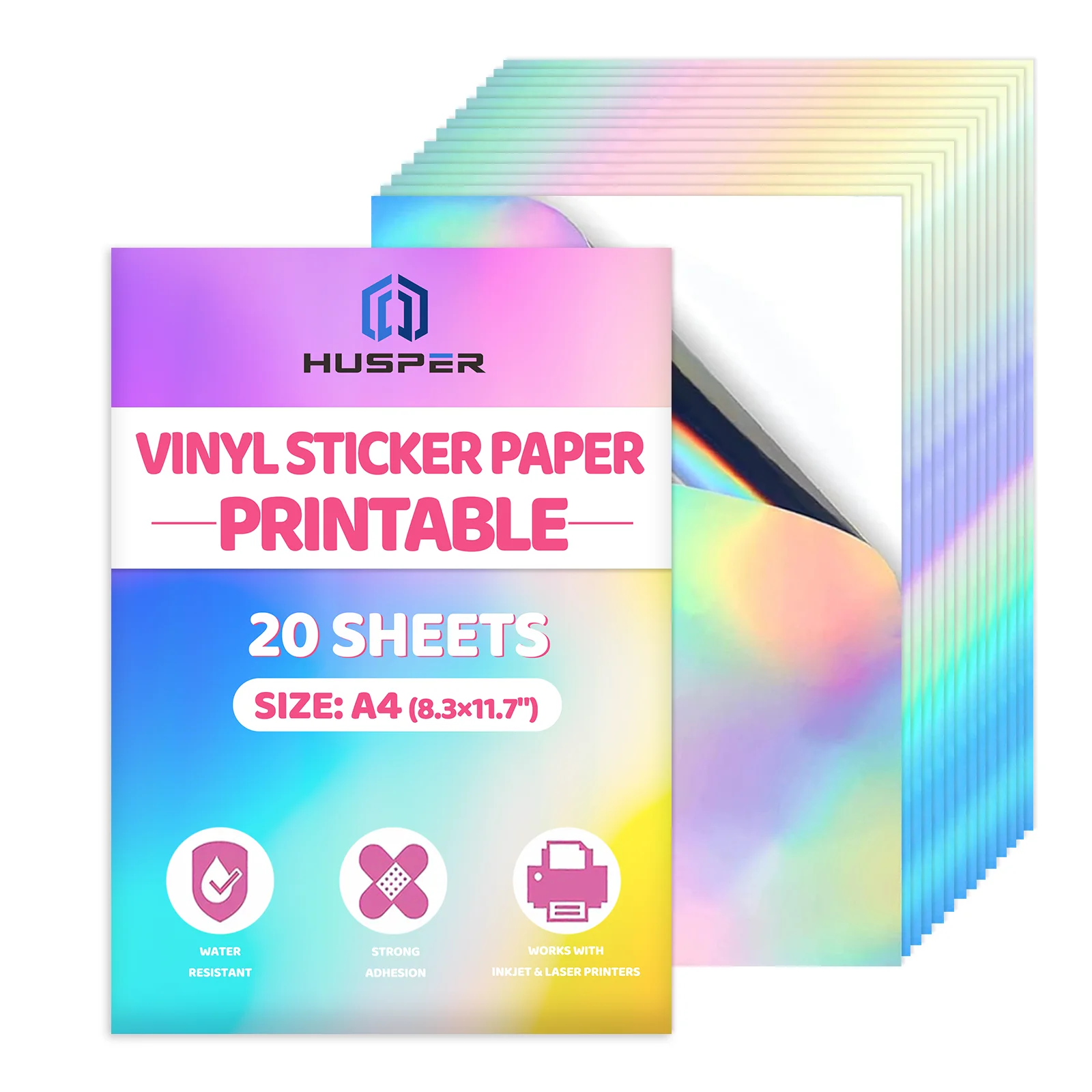 20 fogli A4 (8,3 × 11,7 pollici) Carta adesiva in vinile olografico arcobaleno, adesivi olografici resistenti all'acqua, stampa a getto d'inchiostro