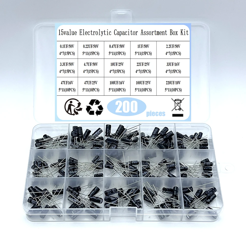 1000 unids/lote 0,1 UF-1000UF 15/24/36 valores aluminio 10-50V mezcla de condensadores electrolíticos Kit surtido y caja de almacenamiento