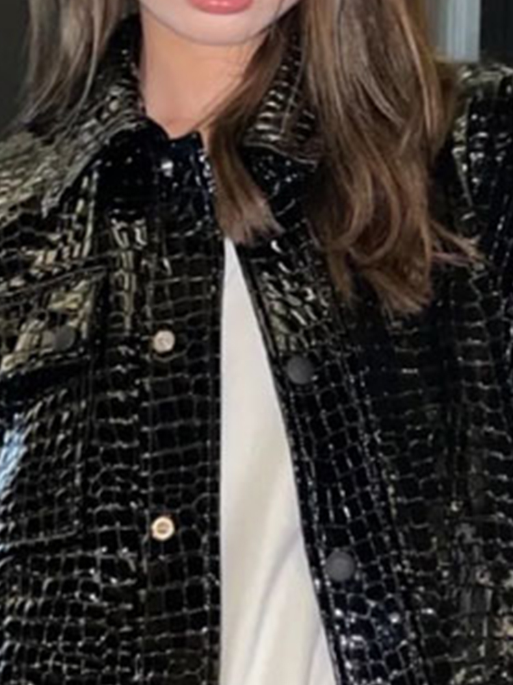 Lautaro Frühling Herbst Kühlen Kurzen Schwarzen Shiny Reflektierende Patent Leder Jacke Frauen Runway Luxus Designer Kleidung Mode 2022
