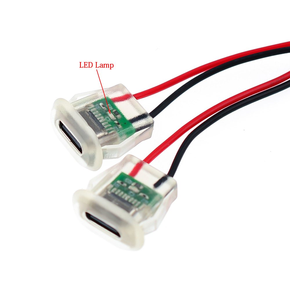 2-контактный разъем USB Type C 5A входного типа для зарядки со светодиодными фонарями Водонепроницаемый порт питания USB-C Гнездовой разъем TYPE-C