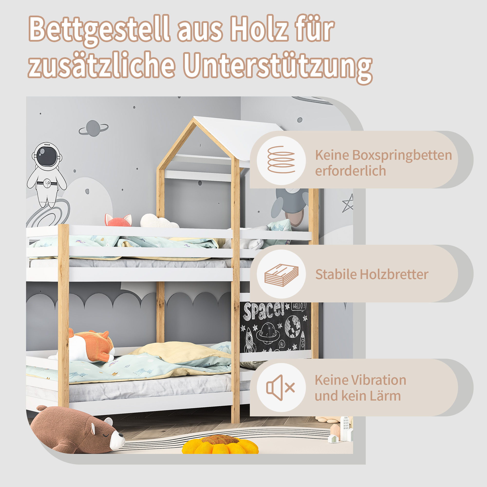 Łóżko piętrowe dla dzieci 90x200 cm, z barierą i drabinką i tablicą, łóżko z litego drewna, z podstawą z listew, rama łóżka