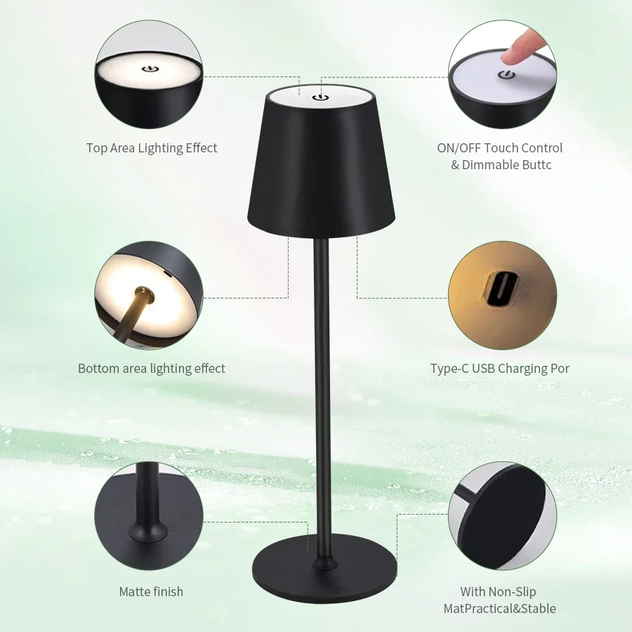 Lámpara de mesa Led recargable, iluminación decorativa con Interruptor táctil inalámbrico, 3 niveles de luz regulables, colores para oficina, escritorio, lectura, dormitorio