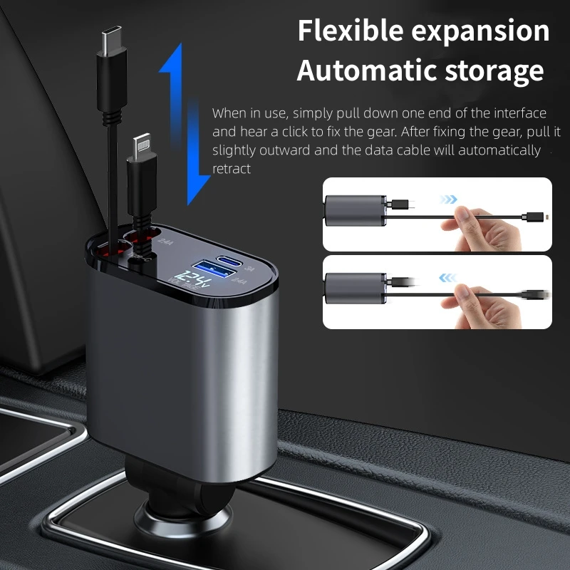 Cargador de coche retráctil, cargador de coche de carga rápida 4 en 1 de 120W, Cable retráctil y 2 puertos USB Compatible con adaptador de cargador de coche