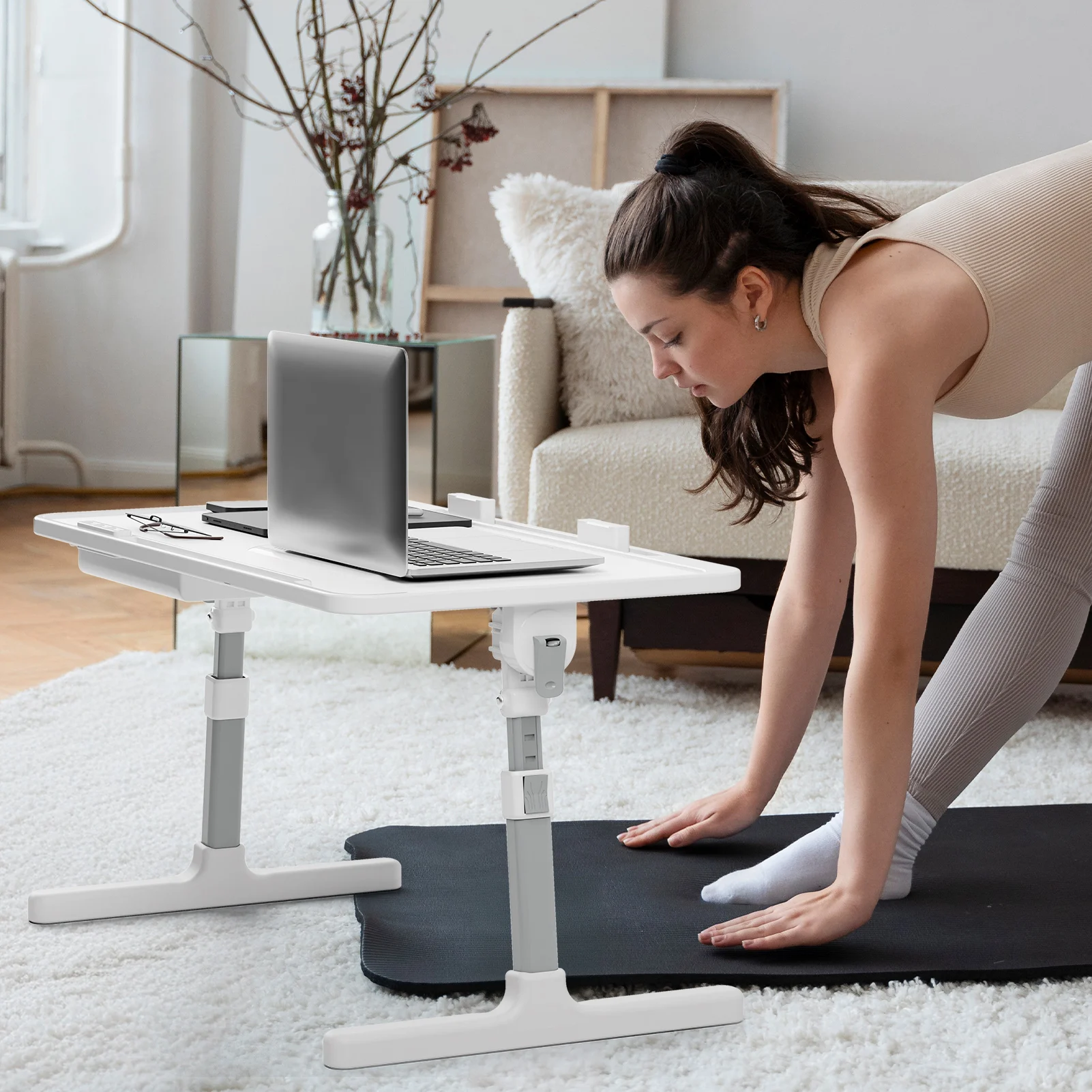 Laptop Bed Tray Table, Adjustable Lap Desk with Light Fan, Folding Laptop Desk for Bed with USB, Bed Desk with Storage Drawer