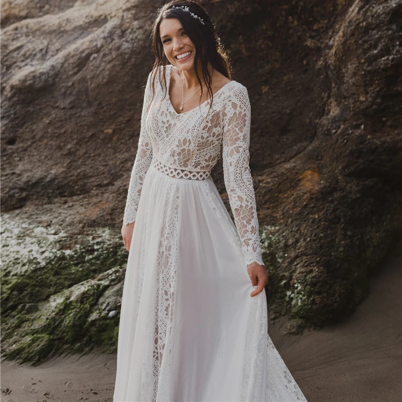Hippie Boho Beach Elopement 백리스 웨딩 원피스, 맞춤형 긴 소매 쉬폰, 빅 사이즈 사진 촬영, V넥 레이스 신부 가운
