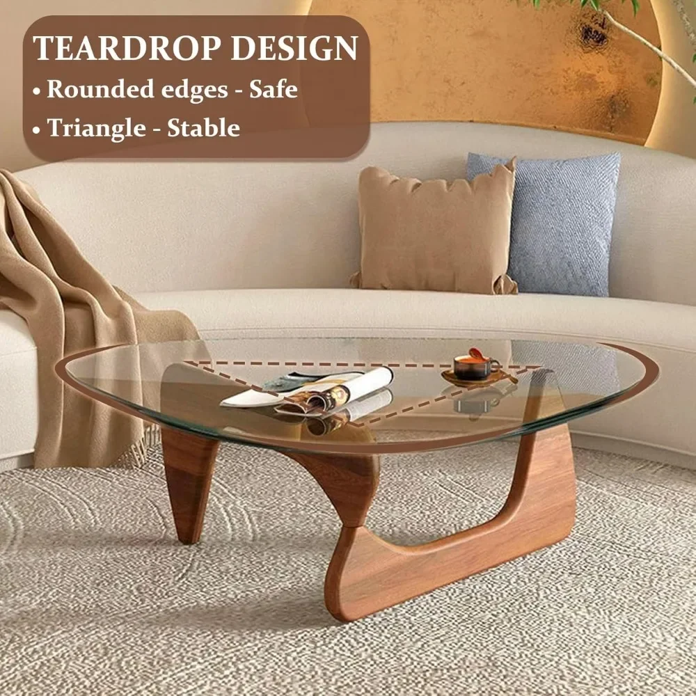 Mesa de centro para sala de estar, mesa de centro de vidrio triangular con base de madera, mesa auxiliar abstracta moderna medieval