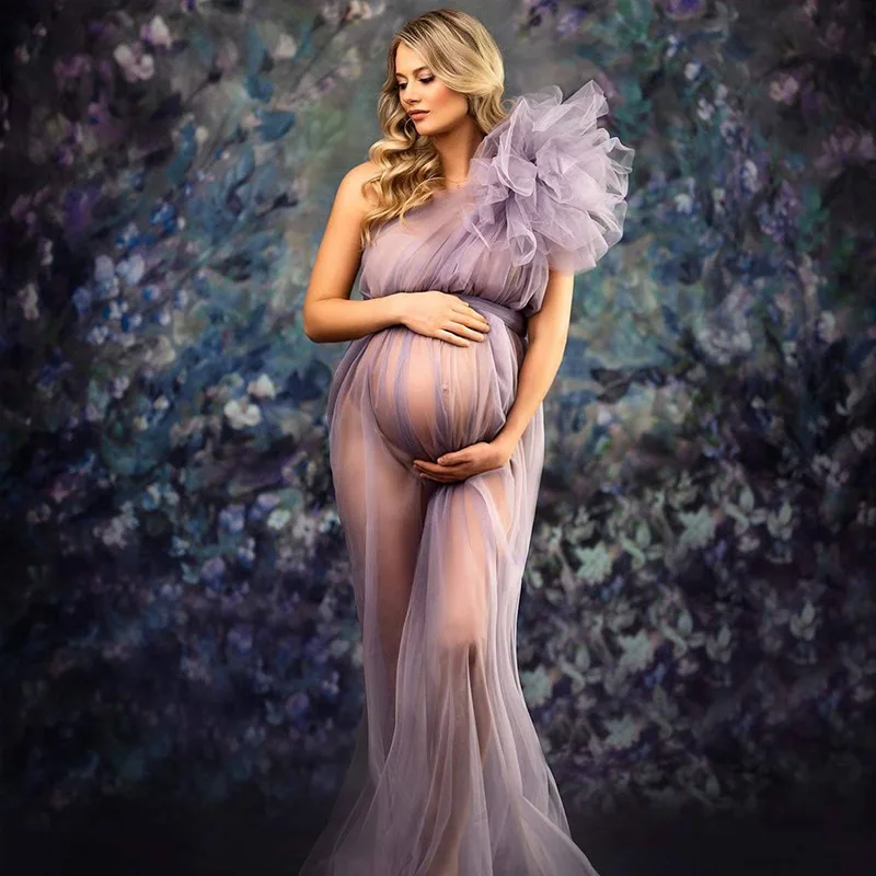 Ver através sexy maternidade photoshoot vestidos de um ombro mulheres grávidas fotografia adereços vestidos premama noite roupão tule