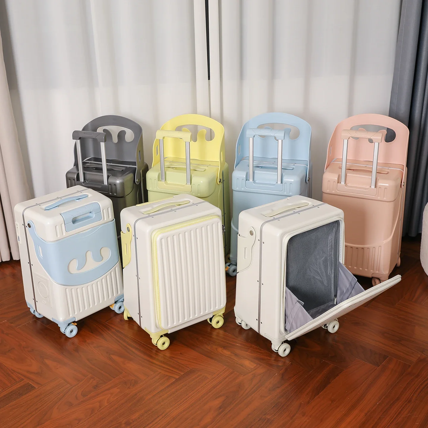 Bunnyfly criança mãe mala com assento para crianças pode sentar-se para andar carrinho de bagagem do bebê viagem carry case multifuncional embarque
