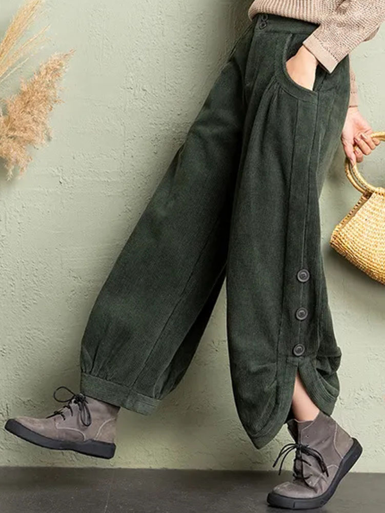 Pantalones Harem de terciopelo dividido de pana de invierno, Pantalones holgados Vintage cálidos para mujer, Pantalones informales de cintura alta de felpa gruesos hasta el tobillo