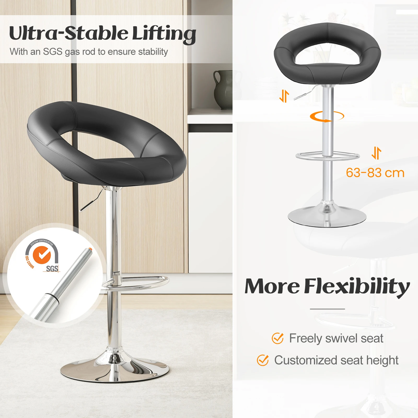GOFLAME Swivel Bar Stool Set of 2 Height Adjustable PU Leather Counter Stools