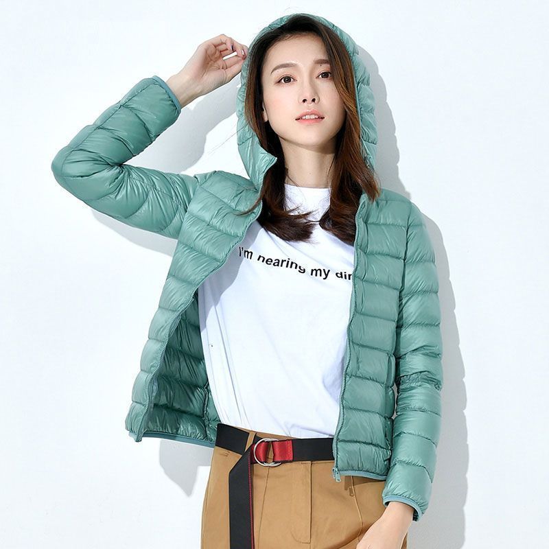 Jaqueta de Aodão Leve para Outono e Inverno, Nova Chegada, com Capuz, Curta, Gola Alta, Tamanho Plus, Ajuste Slim para Mulh...