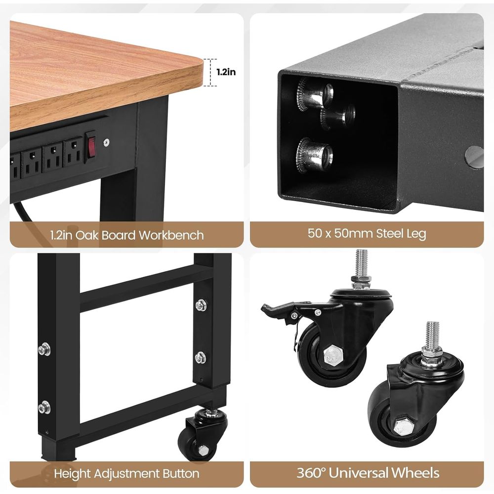 48" Adjustable Workbench with Power Outlet, Work Table with Wheels 1500 LBS Rubber Wood Workstation or Garage, Workshop, Oice, H