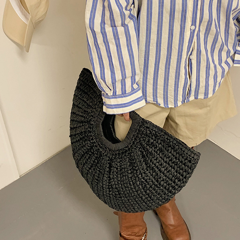 夏わら女性半月ビーチハンドバッグ籐手作りハンドルファッション Kintted トートバッグ