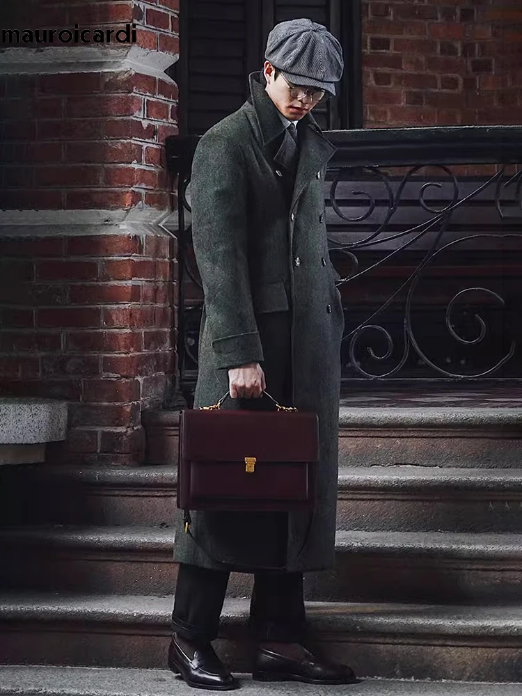 Mauroicardi Otoño Invierno largo cálido verde Polo abrigo hombres doble botonadura fresco lujo elegante estilo inglés mezclas de lana abrigo