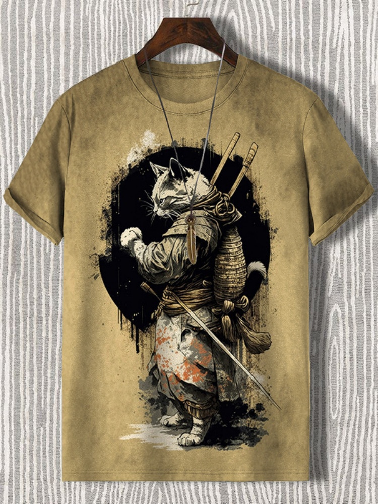 メンズ Tシャツ和風サムライ猫グラフィック 3D プリント Tシャツカジュアル半袖 Tシャツ屋外特大男性服トップス