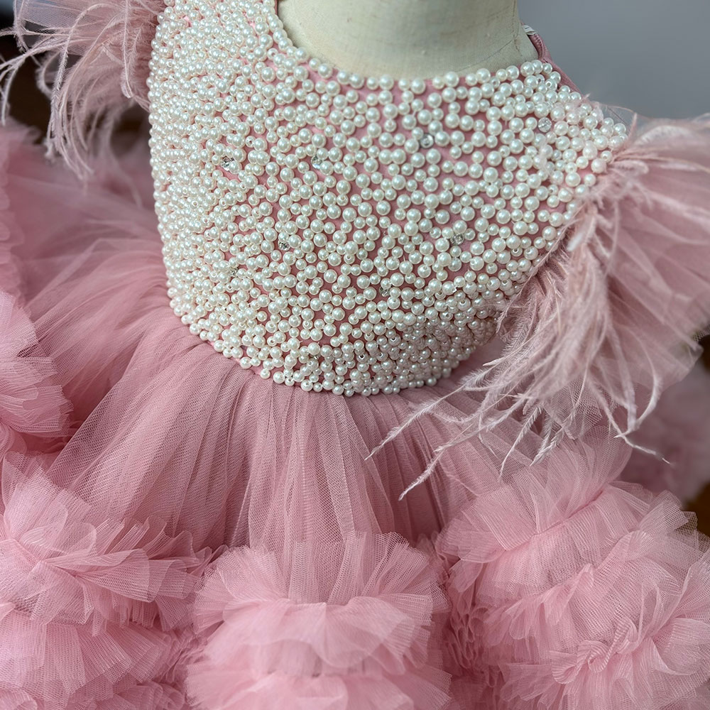 Robe à fleurs en Tulle rose pour filles, pour mariage, bouffante avec perles, robes de fête d'anniversaire pour bébés enfants, robes de première Communion