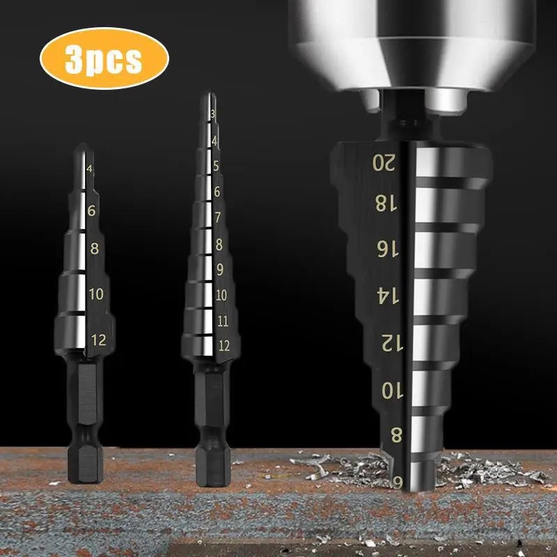Punta da trapano a gradino con scanalatura dritta da 3 pezzi 3-12mm 4-12mm 4-20mm 4-32mm Set di strumenti per forare fori in legno e metallo