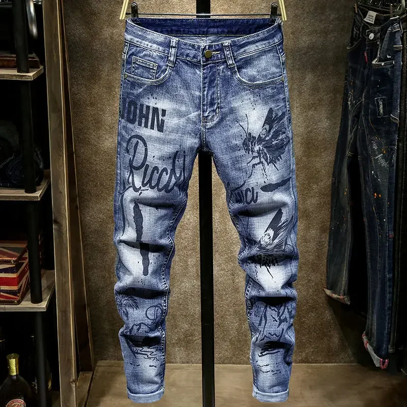 ฤดูใบไม้ผลิฤดูใบไม้ร่วง Cargos ผู้ชายเสื้อผ้าตรงสินค้าใหม่ Slim Casual Designer คาวบอยทำงาน Splice กางเกงยีนส์กางเกงกางเกง