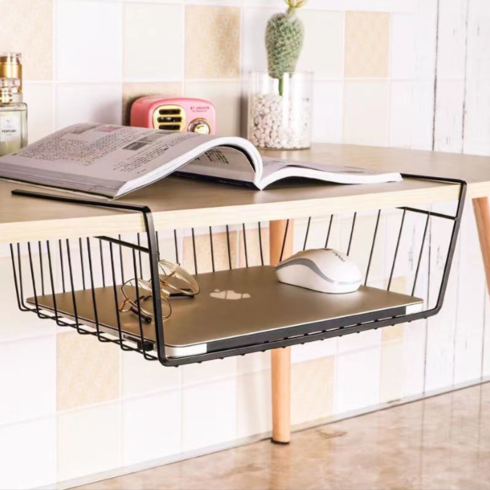 Estante multifuncional, armario de escritorio, estante de almacenamiento debajo de la mesa, cesta de malla colgante, soportes para armario, organizador de cocina de hierro y Metal