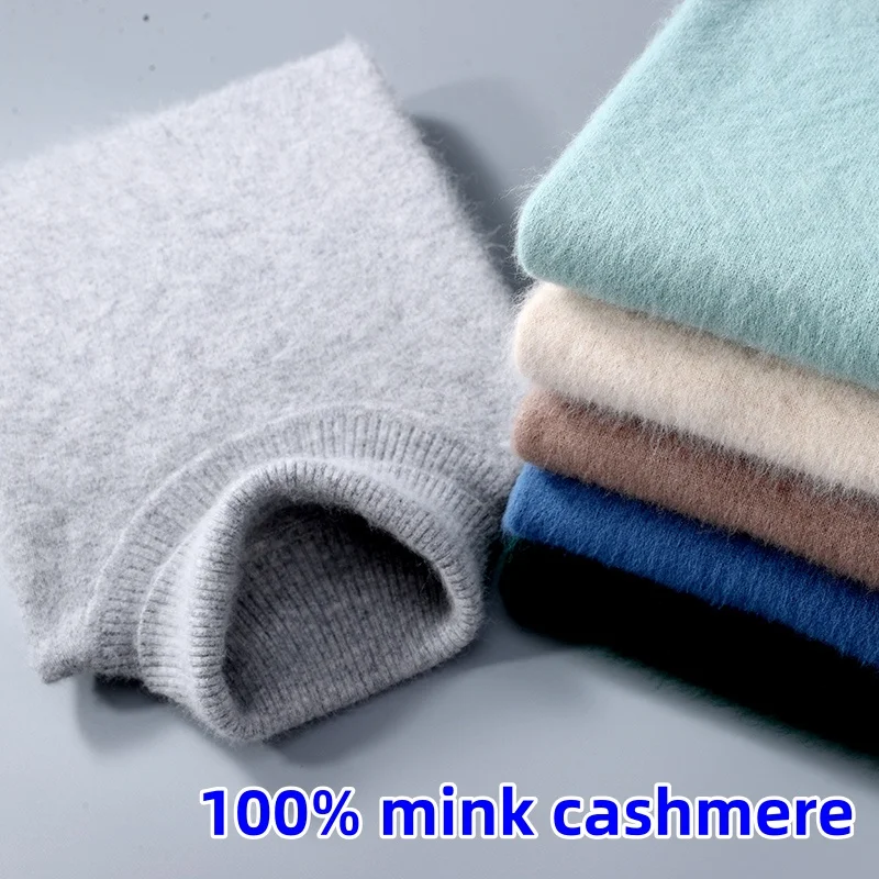 Herbst und Winter Männer Lose Rollkragen 100% Nerz Kaschmir Pullover männer Casual Thermische Pullover Einfarbig Stricken Plus-Größe top
