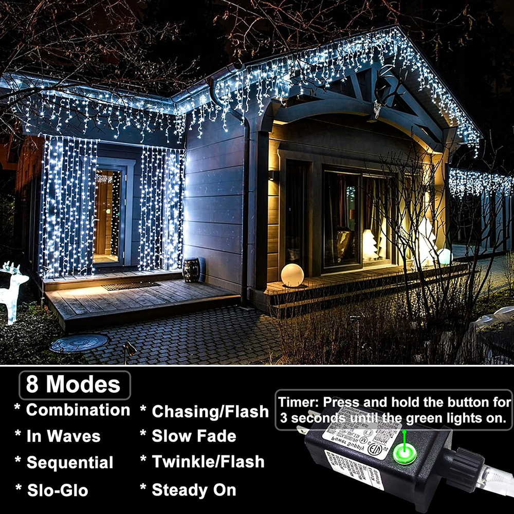 Luci per ghiaccioli per tende solari Luci decorative per grondaie per esterni 8 modalità di illuminazione Stringa di lucine da giardino per matrimoni, feste di Natale