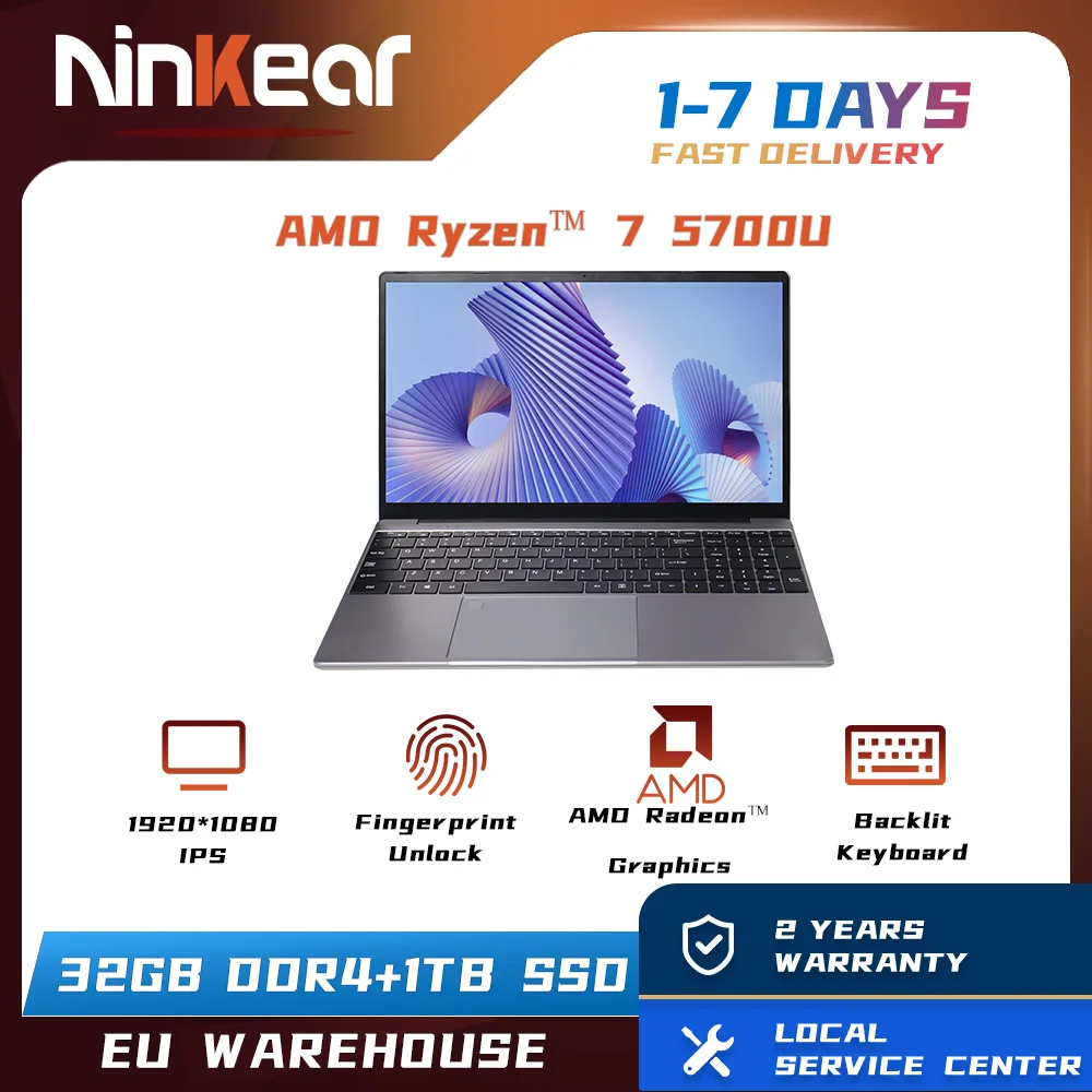 Ninkear Laptop A15 Plus AMD Ryzen ™   7 5700U 15,6-Zoll-FHD IPS 60 Hz 32 GB + 1 TB SSD-Tastatur mit Hintergrundbeleuchtung, Fingerabdruck-Entsperrung, Notebook