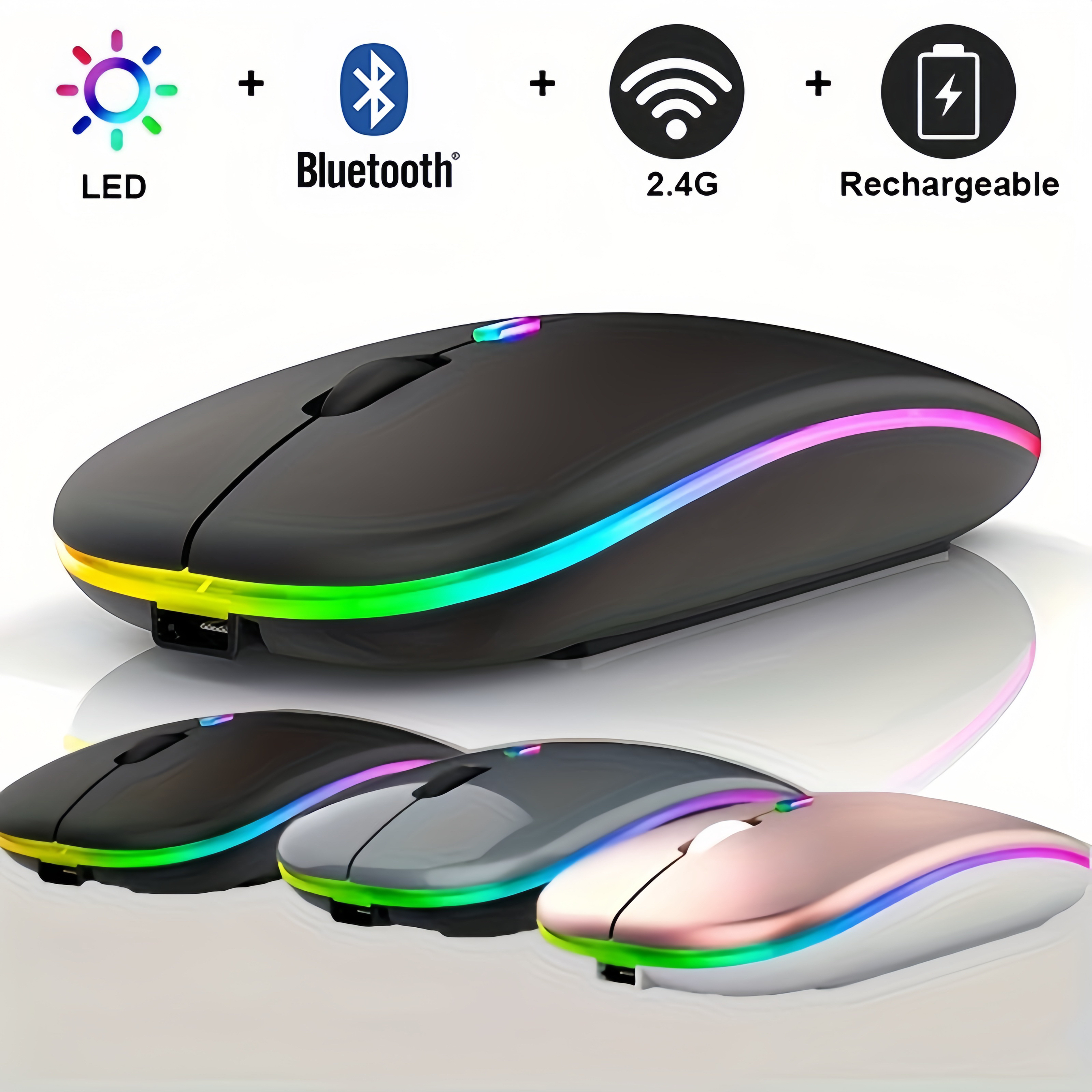 Ratón inalámbrico Bluetooth y 2,4 GHz modos duales recargable RGB ergonómico silencioso clic para PC iPad portátil teléfono móvil TV