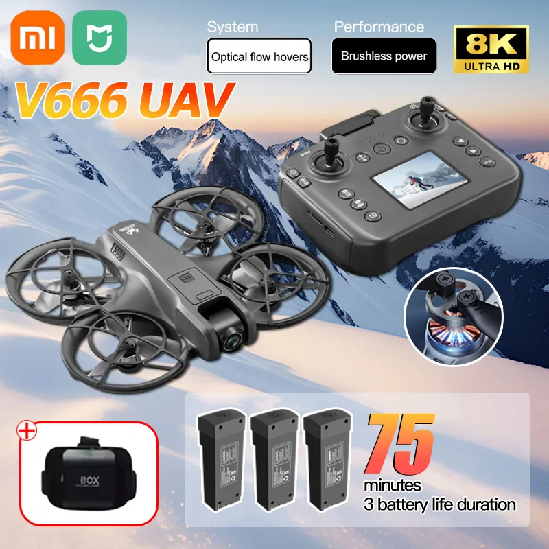 Xiaomi V666 Mini RC Antenne Drone 8K HD Camera Opvouwbaar Intelligent Obstakel vermijden Scherm Afstandsbediening Borstelloze Motor UAV
