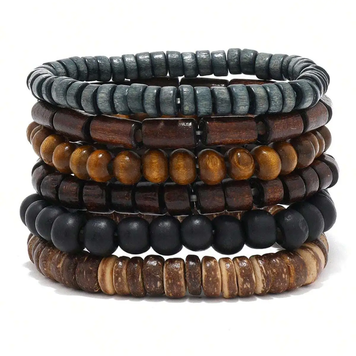 Bracciale in pelle avvolgente intrecciata Wodeen da 6 pezzi per uomo Bracciale maschile alla moda con perline di legno vintage