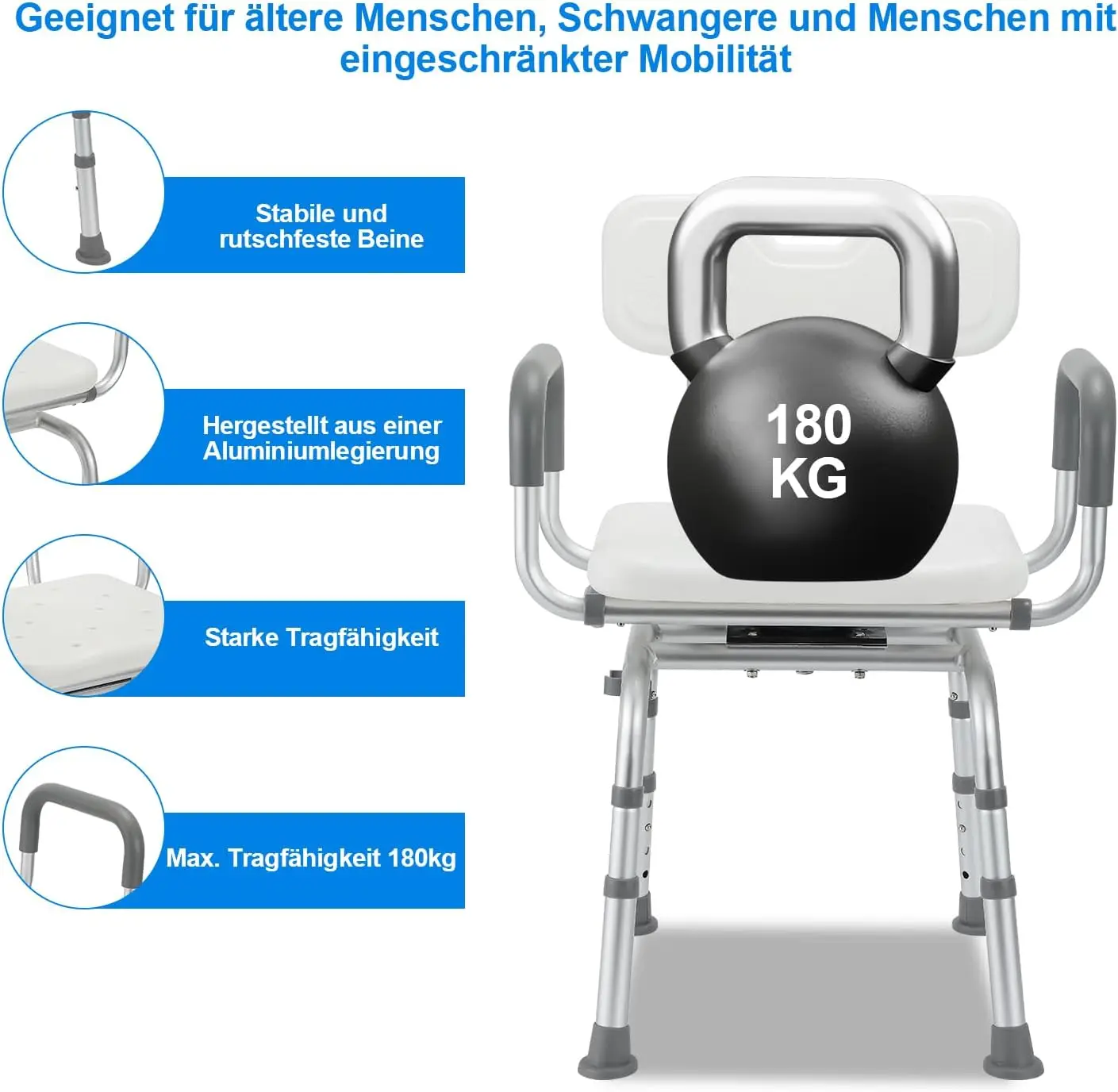 Shower Stool for Seniors Bad Stool 360° °   mit Backrest and Armrest Showerstuhl Height Adjustable 40-48 cm Bathroom Stool Anti-