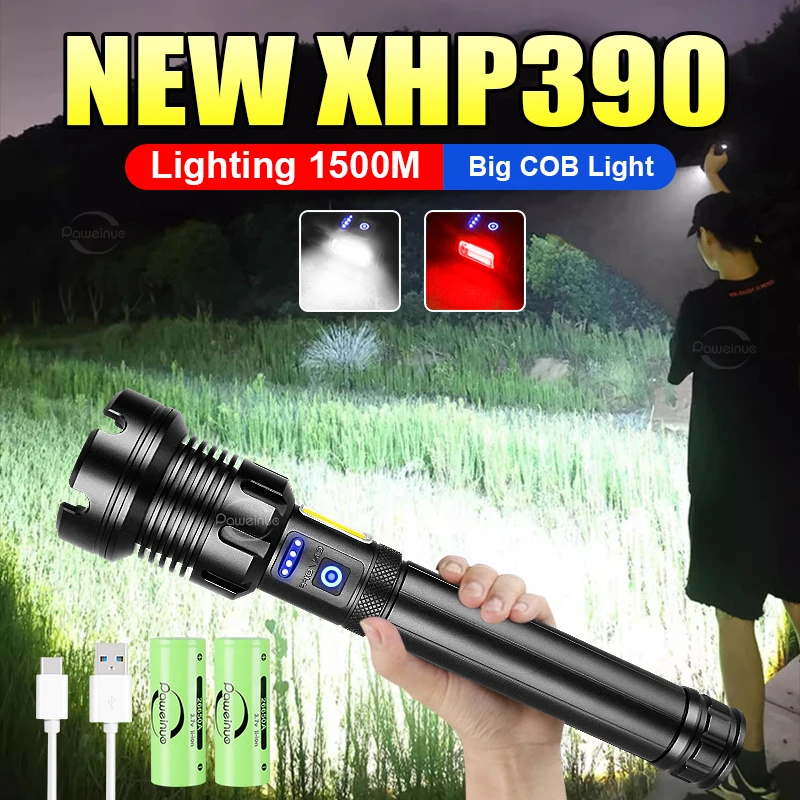 Linterna más potente XHP390, Linterna recargable con Usb, luz fuerte, linterna táctica militar, antorcha para acampar y cazar al aire libre