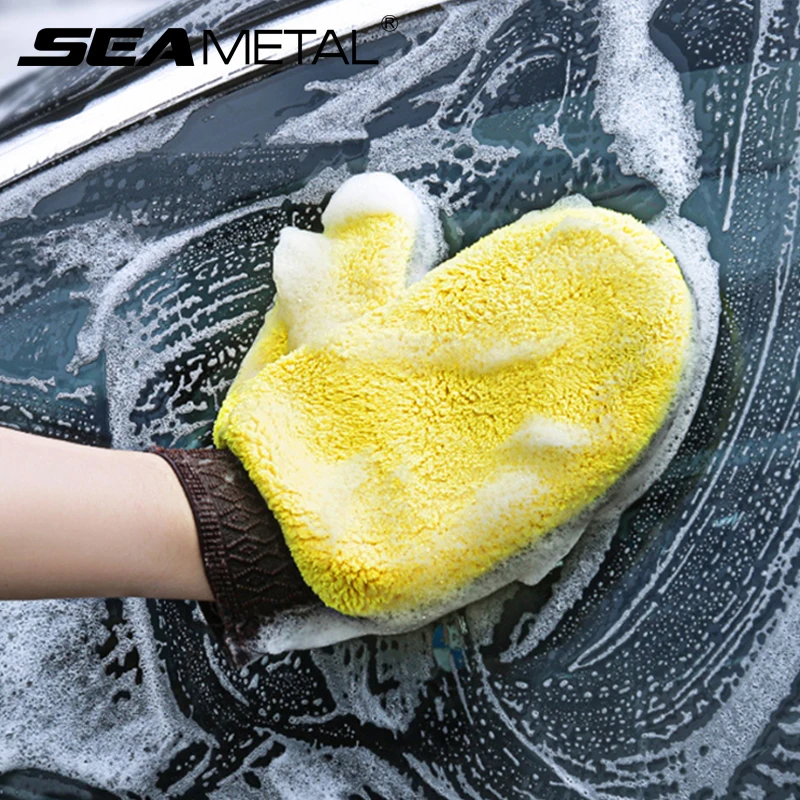 SEAMETAL-guante de microfibra para lavado de coches, cepillo de limpieza de lana de Coral grueso de doble cara, herramienta de cuidado de limpieza detallada de coches