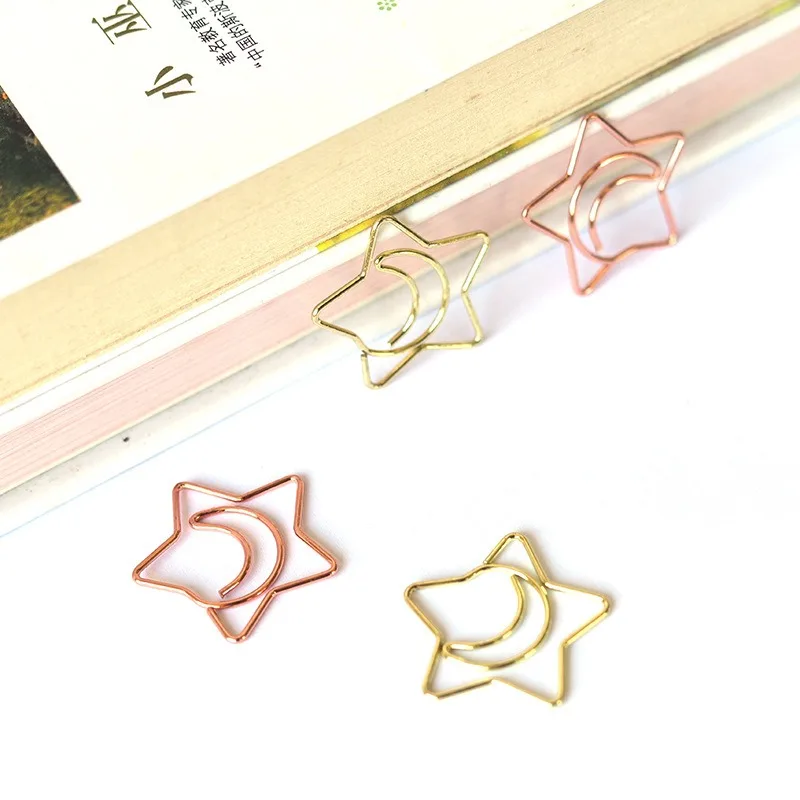 50pcs /bag mini moon and the stars gold rose gold Color Clip Bookmark binder clip Office Accessories paper Clips Patchwork Clip