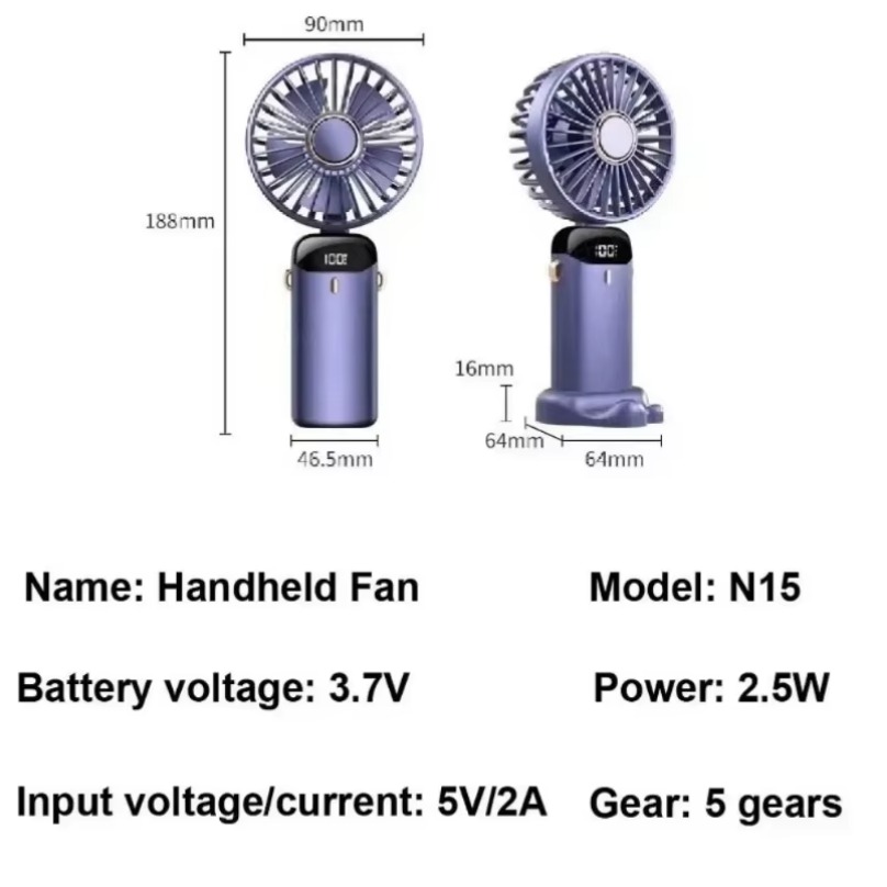 Mini ventilador plegable portátil de 5 velocidades, Base de ventilador de escritorio pequeño, ventilador de mano recargable con soporte para teléfono y pantalla de visualización