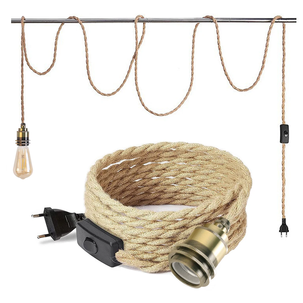 Vintage Power Cord Pendant Light 2M Hemp Rope Cables E26 E27 Lamp Holder Socket EU Plug Switch Industrial Pendant Light Fitting