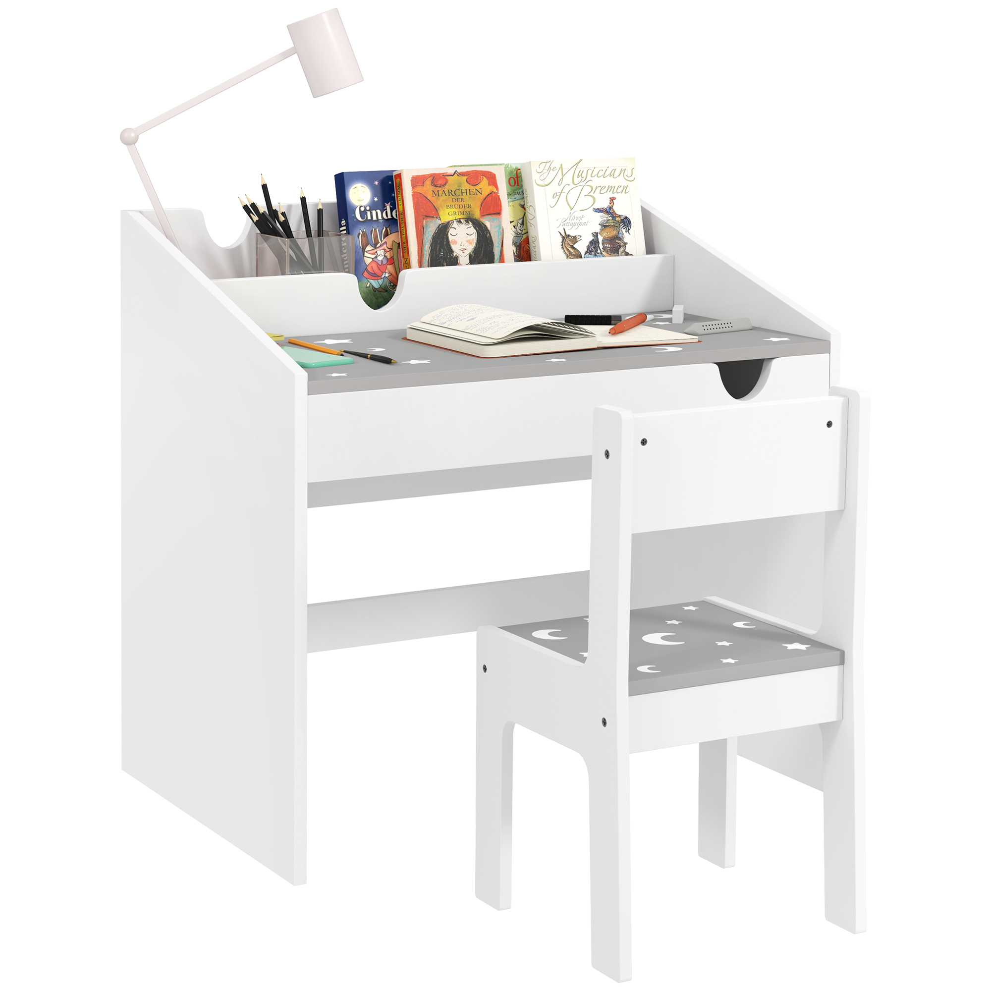 AIYAPLAY Children Study Table and Chair with Storage, Pull-out Drawer for 3-6 Years Old, Star & Moon Pattern
